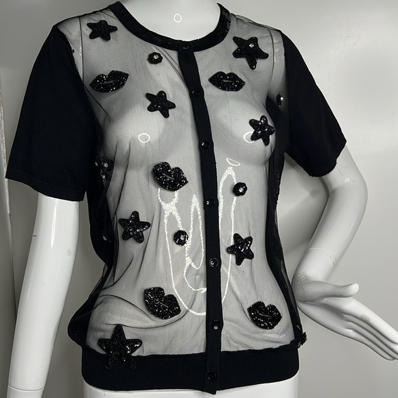 Leo & Ugo Size 3 Medium Sheer Front Beaded Patches Short Sleeve Cardigan - Picture 1 of 7